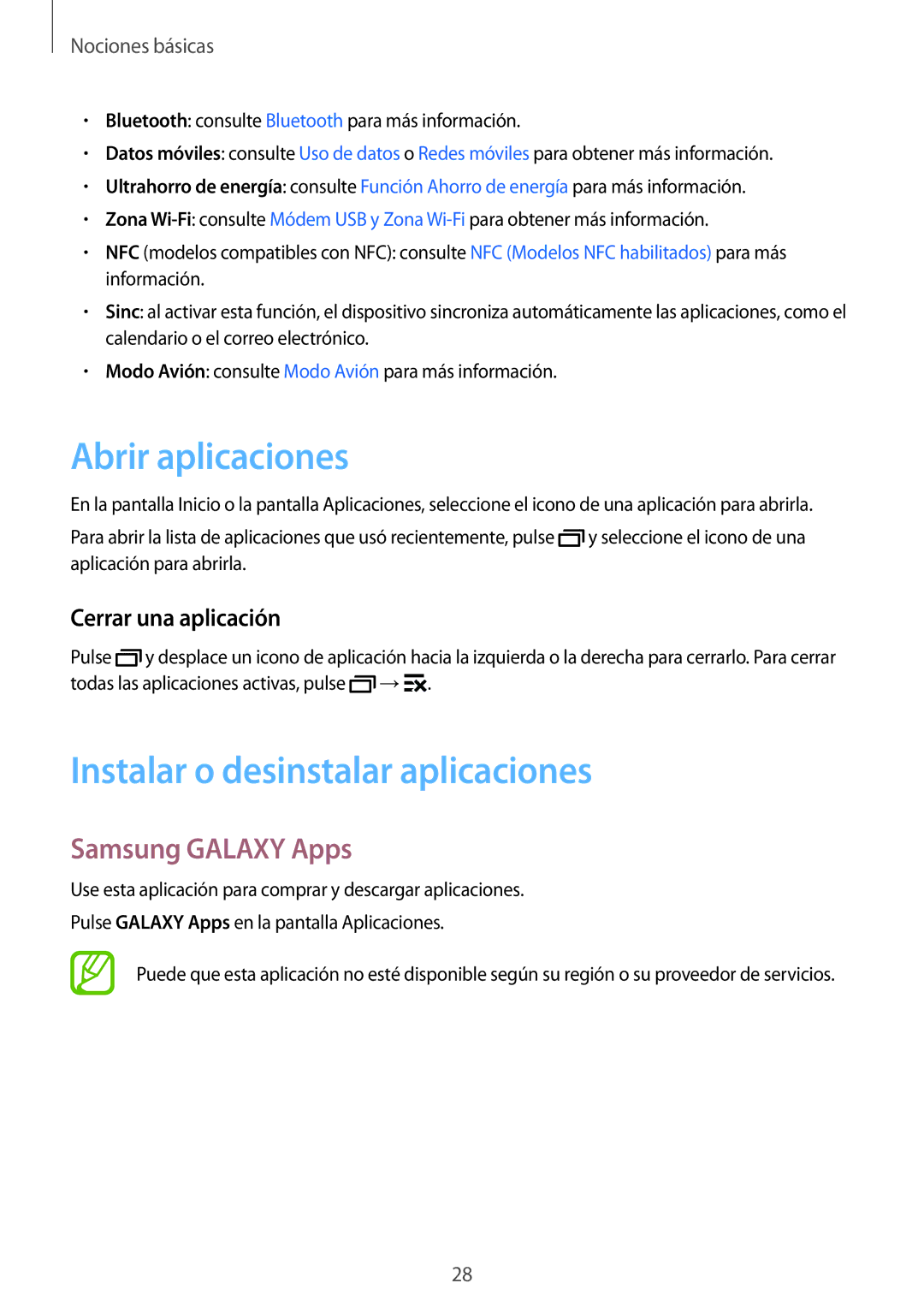 Samsung SM-J100HZWAPHE Abrir aplicaciones, Instalar o desinstalar aplicaciones, Samsung Galaxy Apps, Cerrar una aplicación 