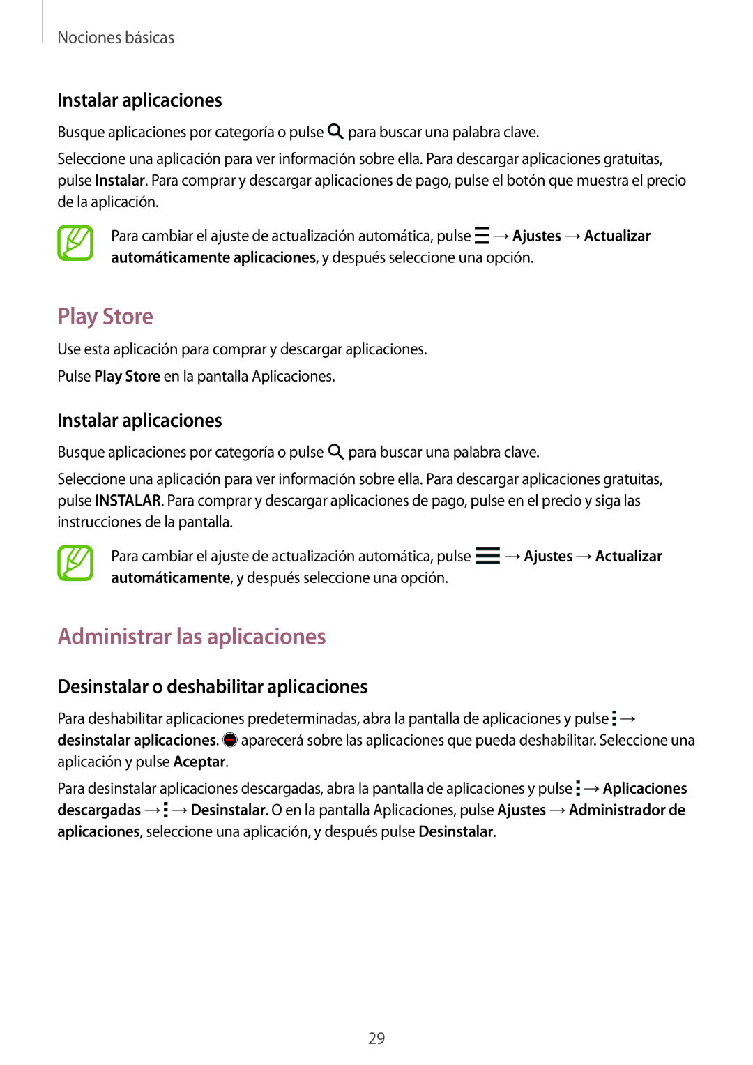 Samsung SM-J100HZWAPHE manual Play Store, Administrar las aplicaciones, Instalar aplicaciones 