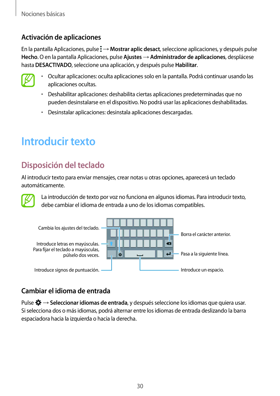 Samsung SM-J100HZWAPHE Introducir texto, Disposición del teclado, Activación de aplicaciones, Cambiar el idioma de entrada 