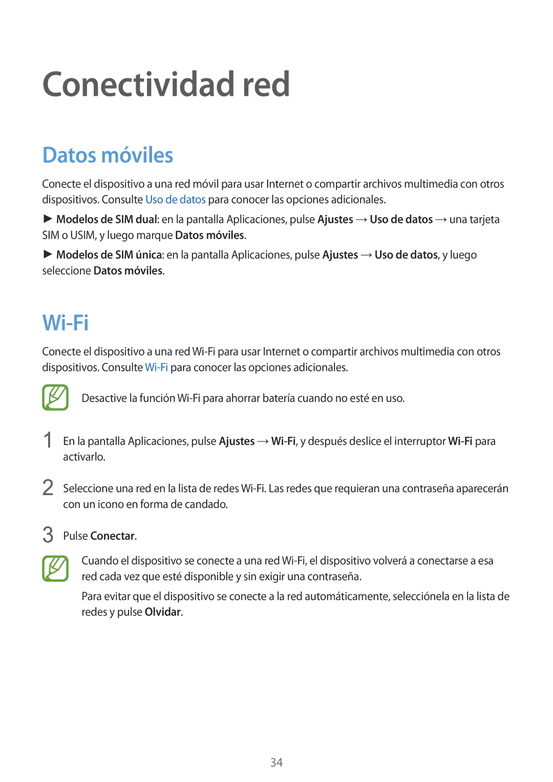 Samsung SM-J100HZWAPHE manual Conectividad red, Datos móviles, Wi-Fi, Pulse Conectar 