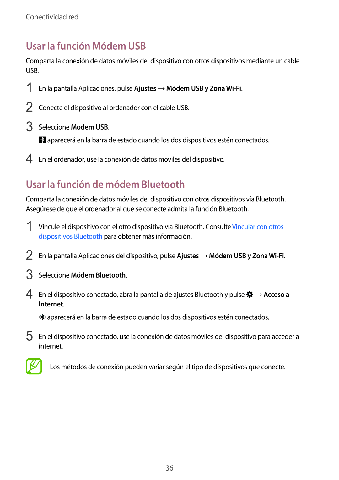 Samsung SM-J100HZWAPHE Usar la función Módem USB, Usar la función de módem Bluetooth, Seleccione Módem Bluetooth, Internet 