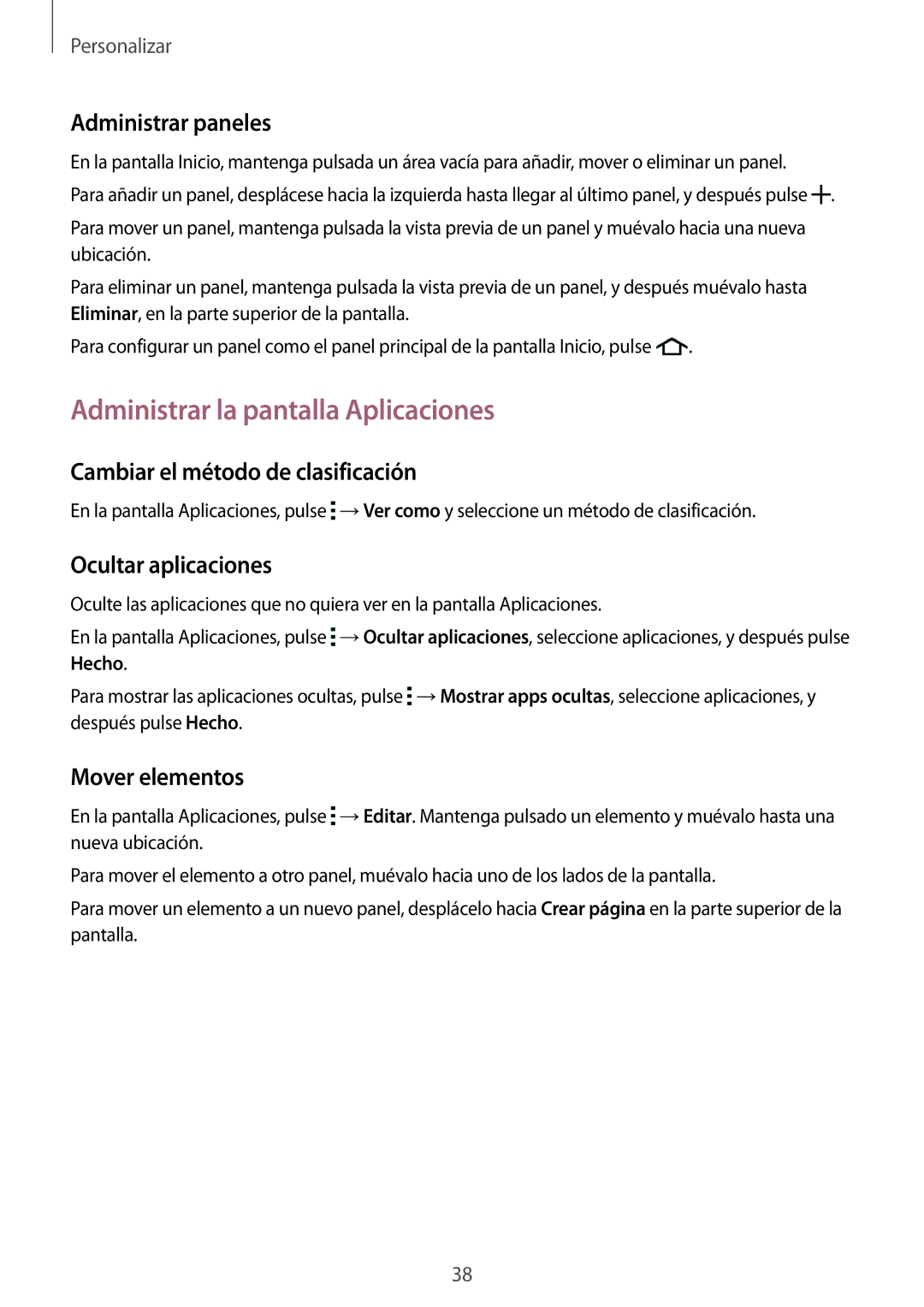 Samsung SM-J100HZWAPHE manual Administrar la pantalla Aplicaciones, Administrar paneles, Cambiar el método de clasificación 