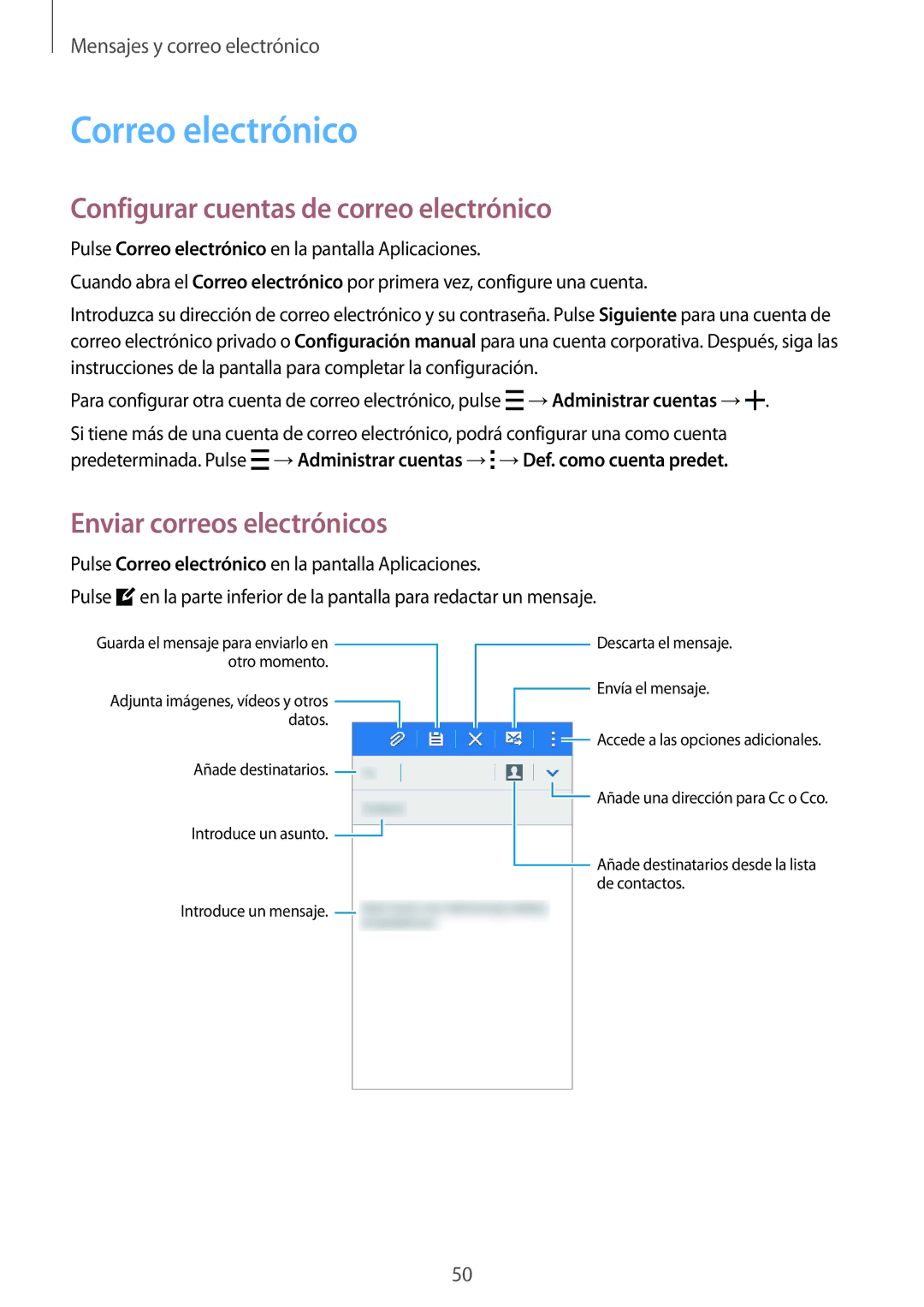 Samsung SM-J100HZWAPHE manual Correo electrónico, Configurar cuentas de correo electrónico, Enviar correos electrónicos 