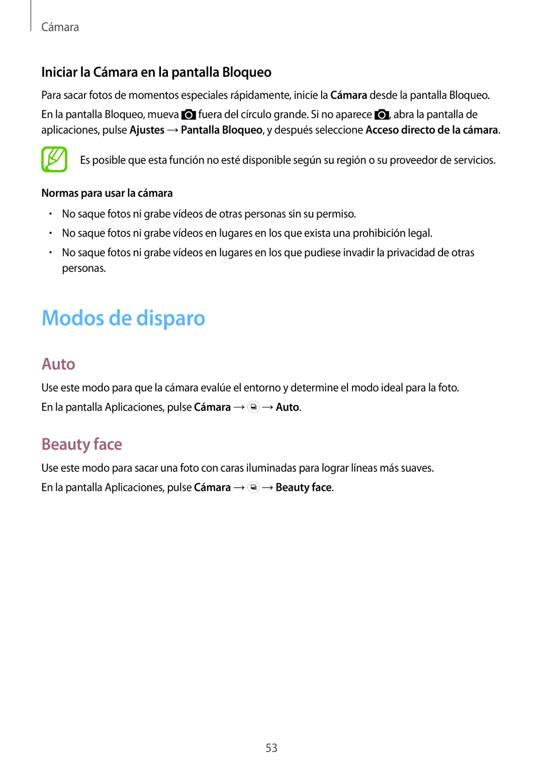 Samsung SM-J100HZWAPHE manual Modos de disparo, Auto, Beauty face, Iniciar la Cámara en la pantalla Bloqueo 