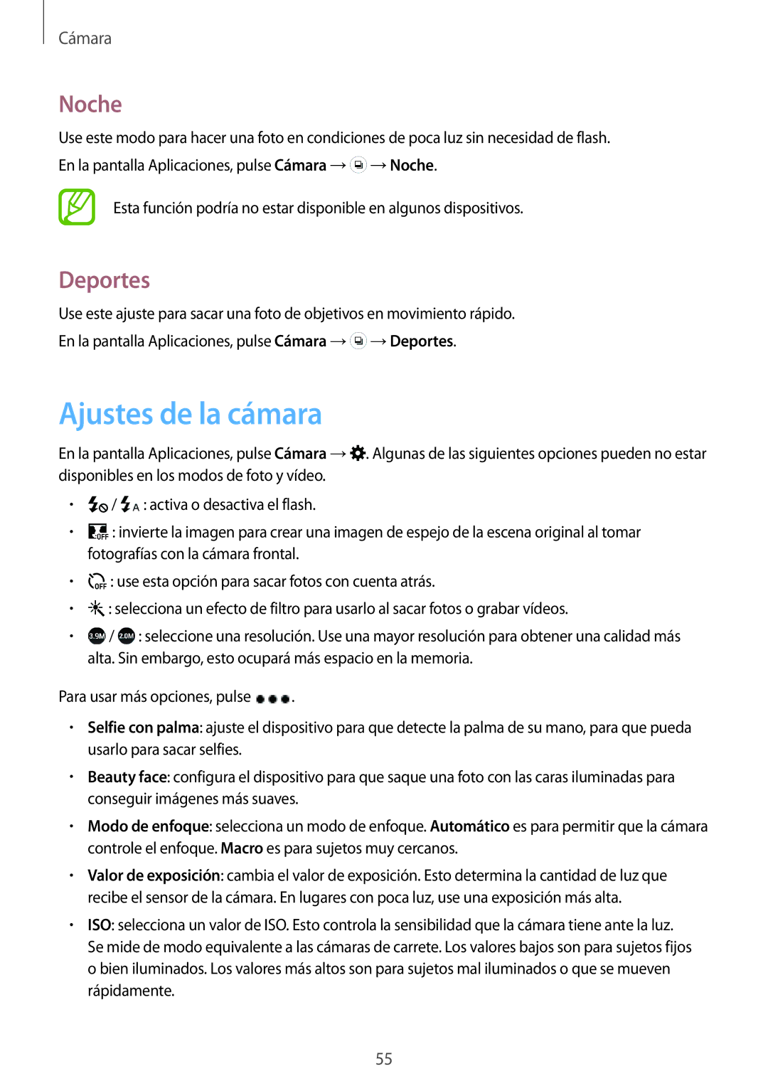 Samsung SM-J100HZWAPHE manual Ajustes de la cámara, Noche, Deportes 