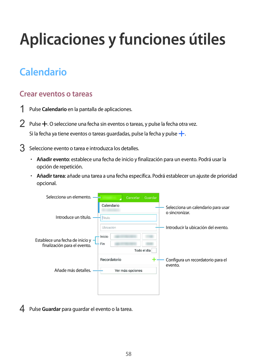 Samsung SM-J100HZWAPHE manual Calendario, Crear eventos o tareas 