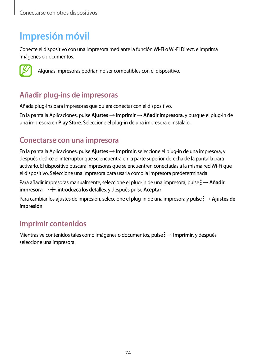 Samsung SM-J100HZWAPHE Impresión móvil, Añadir plug-ins de impresoras, Conectarse con una impresora, Imprimir contenidos 