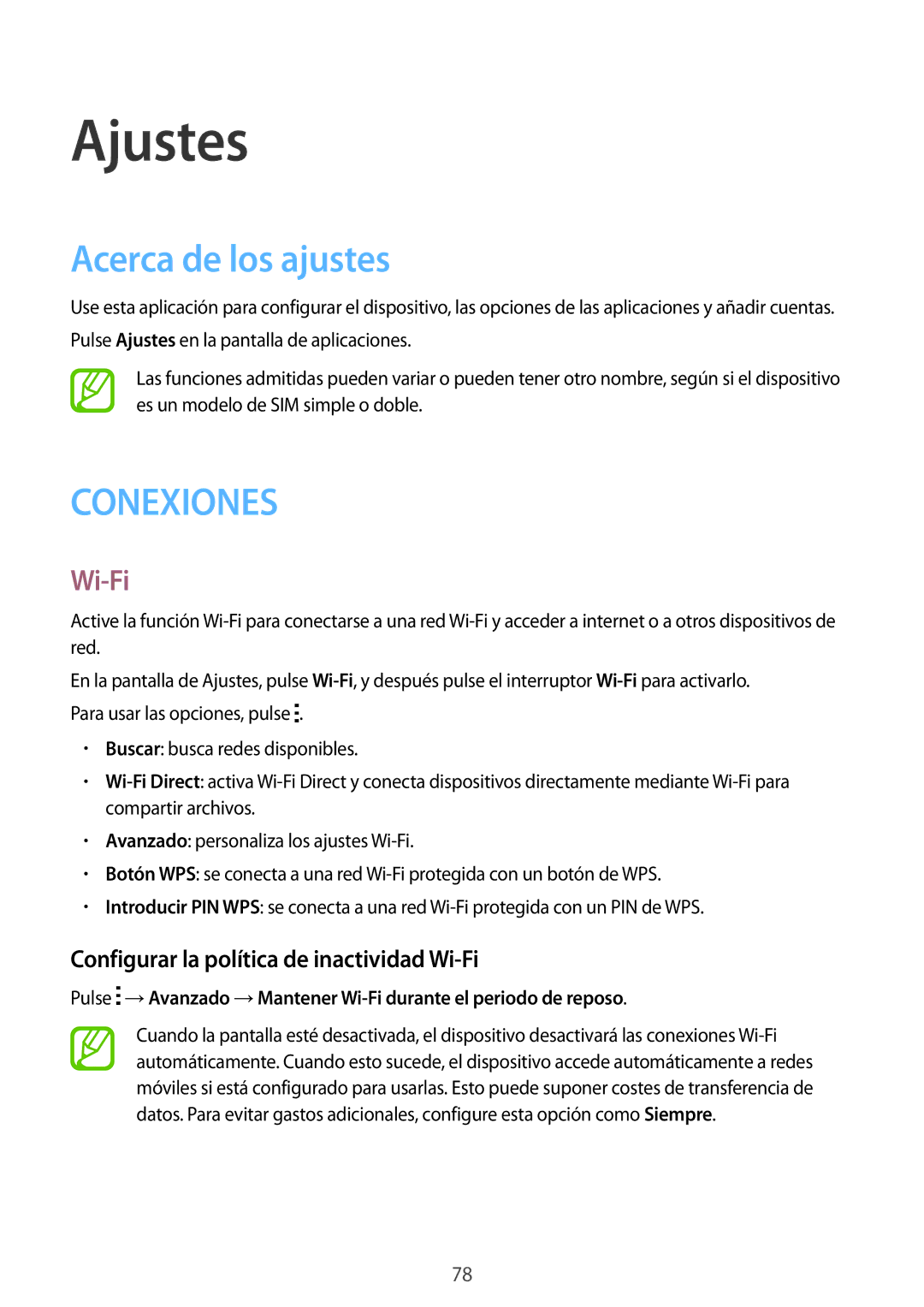 Samsung SM-J100HZWAPHE manual Ajustes, Acerca de los ajustes, Configurar la política de inactividad Wi-Fi 