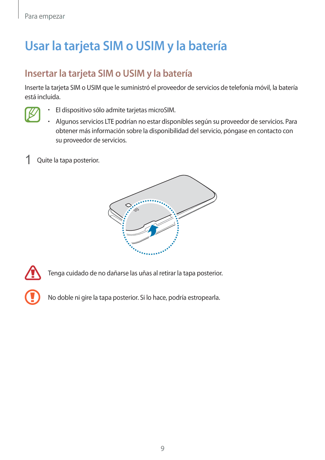 Samsung SM-J100HZWAPHE manual Usar la tarjeta SIM o Usim y la batería, Insertar la tarjeta SIM o Usim y la batería 