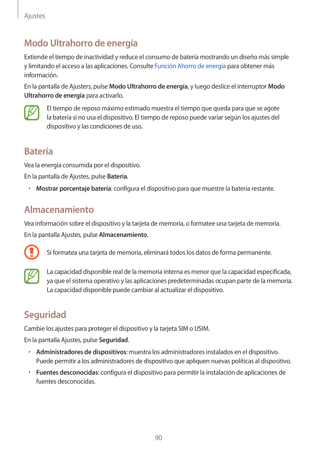 Samsung SM-J100HZWAPHE manual Modo Ultrahorro de energía, Batería, Almacenamiento, Seguridad 