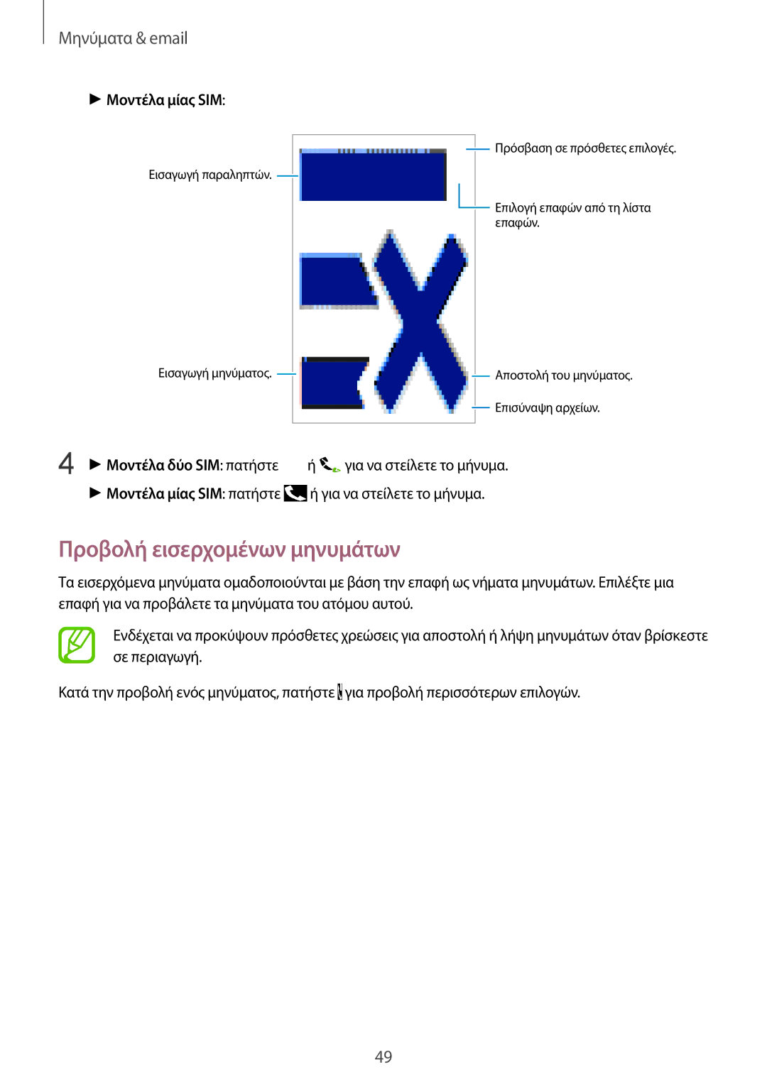 Samsung SM-J100HZWAVGR, SM-J100HZWDEUR manual Προβολή εισερχομένων μηνυμάτων, Μοντέλα μίας SIM 