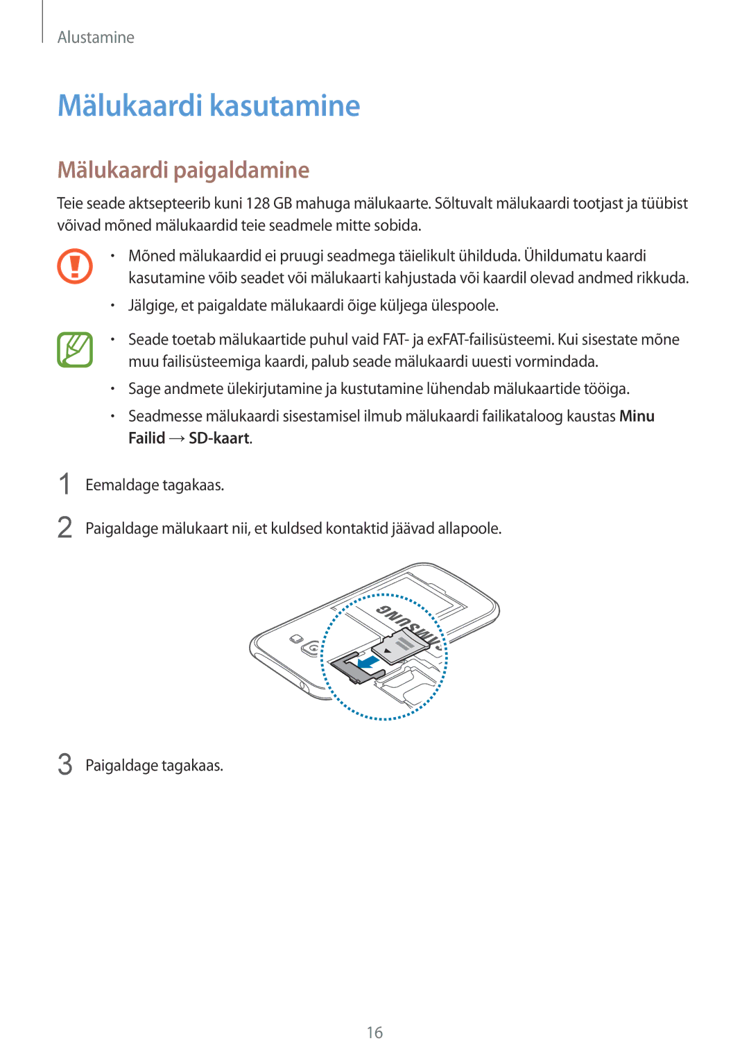 Samsung SM-J100HZKASEB, SM-J100HZWDSEB, SM-J100HZBASEB, SM-J100HZBDSEB manual Mälukaardi kasutamine, Mälukaardi paigaldamine 