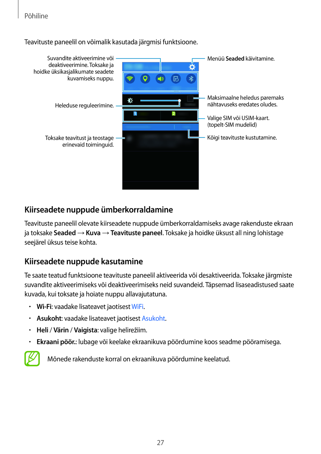 Samsung SM-J100HZKDSEB, SM-J100HZWDSEB manual Kiirseadete nuppude ümberkorraldamine, Kiirseadete nuppude kasutamine 