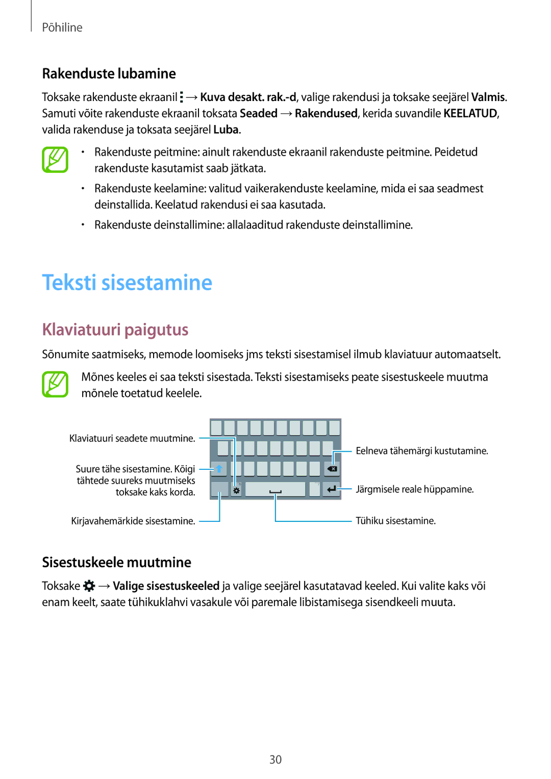 Samsung SM-J100HZWDSEB manual Teksti sisestamine, Klaviatuuri paigutus, Rakenduste lubamine, Sisestuskeele muutmine 