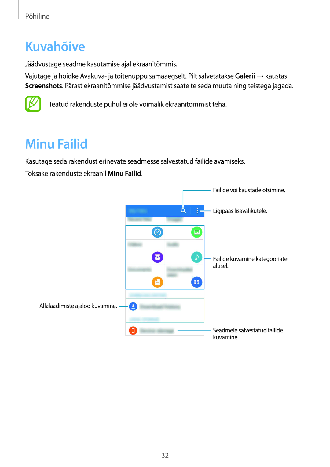 Samsung SM-J100HZBDSEB, SM-J100HZWDSEB manual Kuvahõive, Minu Failid, Jäädvustage seadme kasutamise ajal ekraanitõmmis 