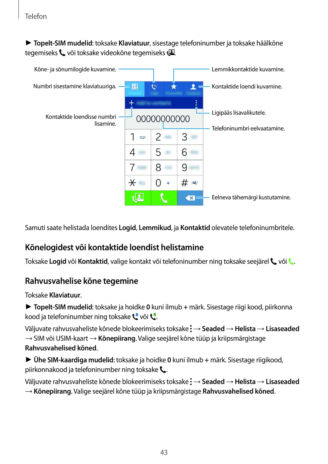 Samsung SM-J100HZBASEB Kõnelogidest või kontaktide loendist helistamine, Rahvusvahelise kõne tegemine, Toksake Klaviatuur 