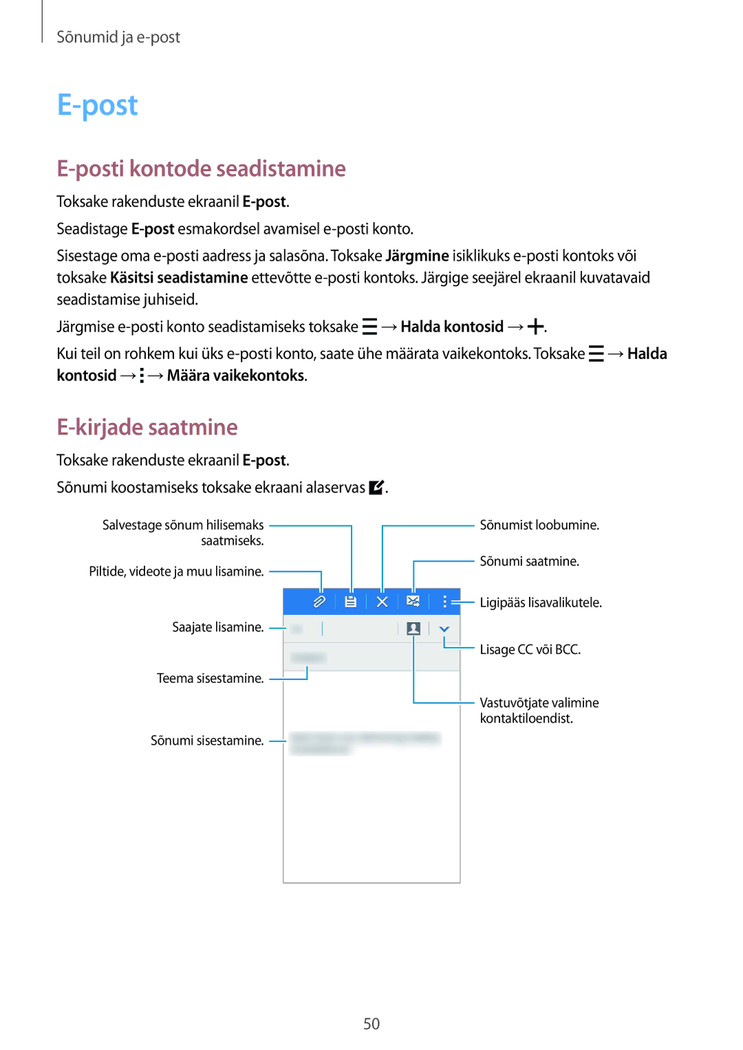 Samsung SM-J100HZBDSEB manual Posti kontode seadistamine, Kirjade saatmine, Toksake rakenduste ekraanil E-post 