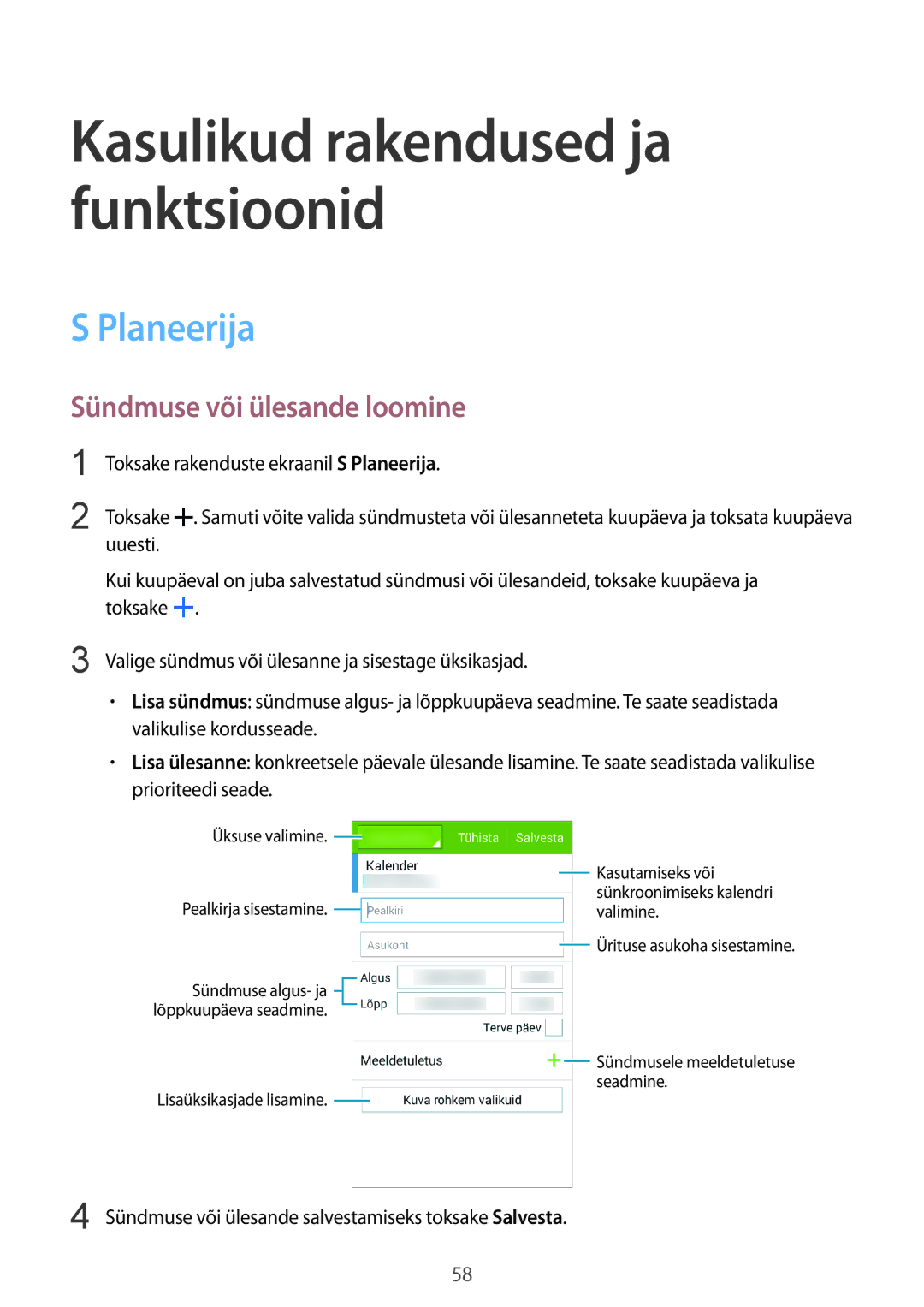 Samsung SM-J100HZKASEB Planeerija, Sündmuse või ülesande loomine, Sündmuse või ülesande salvestamiseks toksake Salvesta 