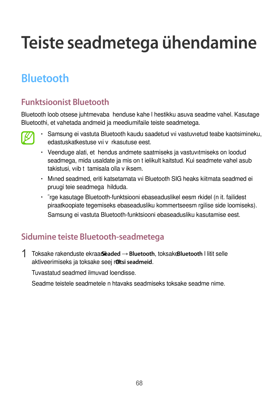 Samsung SM-J100HZBDSEB, SM-J100HZWDSEB, SM-J100HZBASEB Funktsioonist Bluetooth, Sidumine teiste Bluetooth-seadmetega 