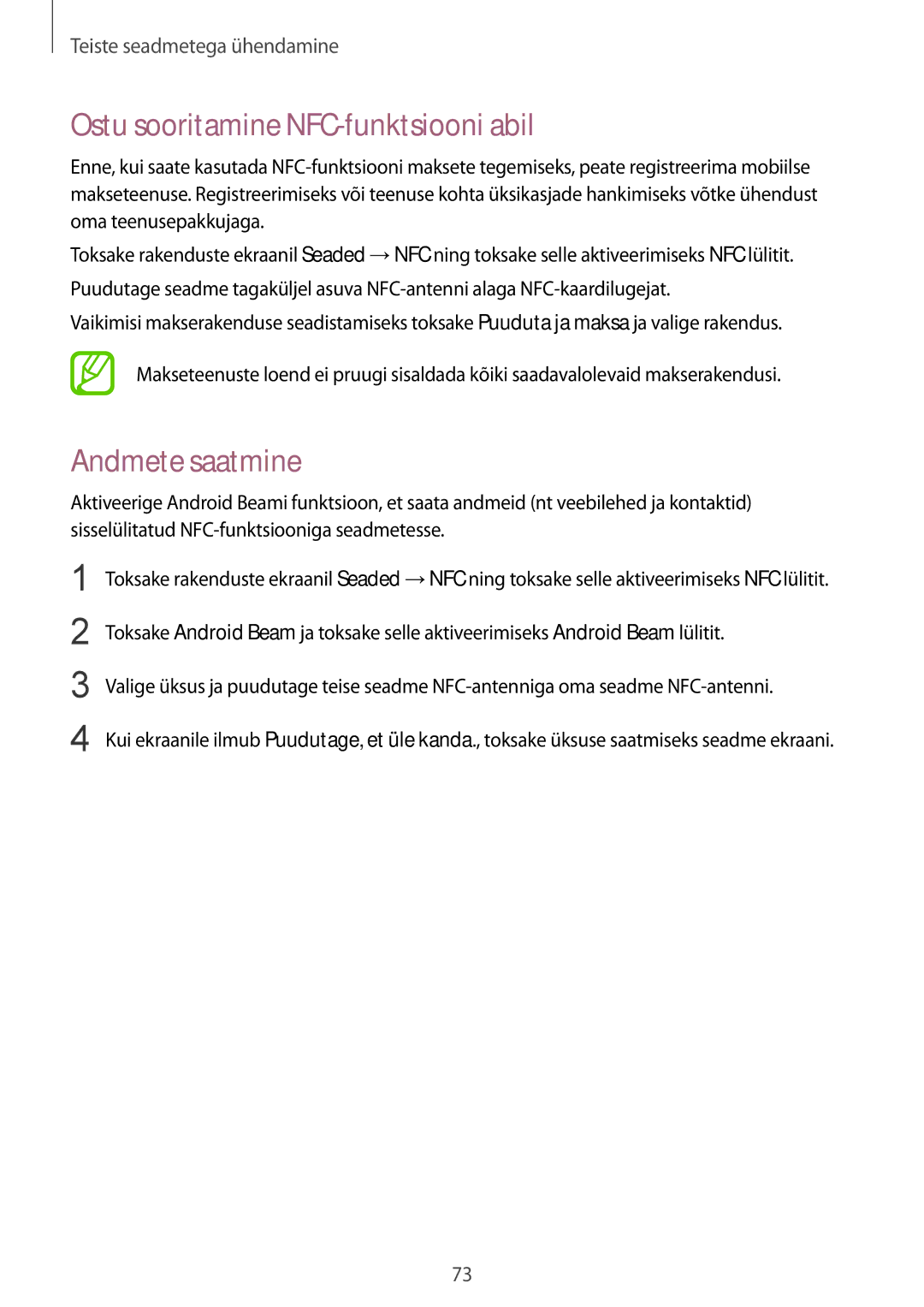 Samsung SM-J100HZBASEB, SM-J100HZWDSEB, SM-J100HZBDSEB manual Ostu sooritamine NFC-funktsiooni abil, Andmete saatmine 