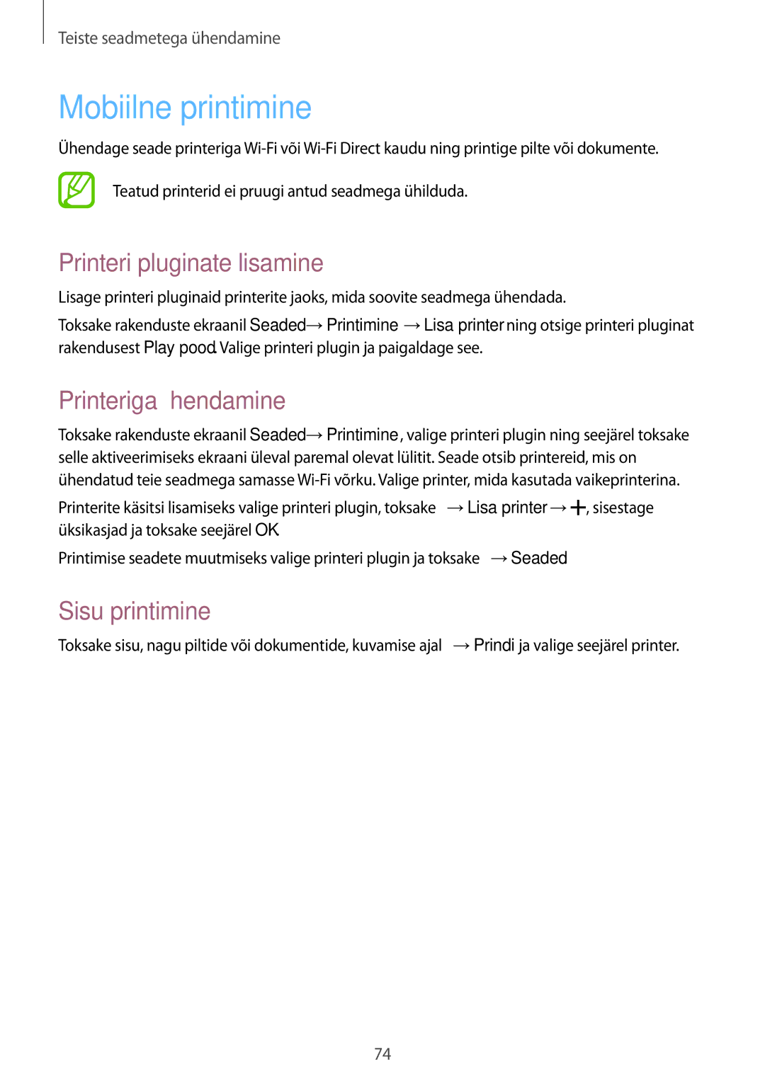 Samsung SM-J100HZBDSEB manual Mobiilne printimine, Printeri pluginate lisamine, Printeriga ühendamine, Sisu printimine 