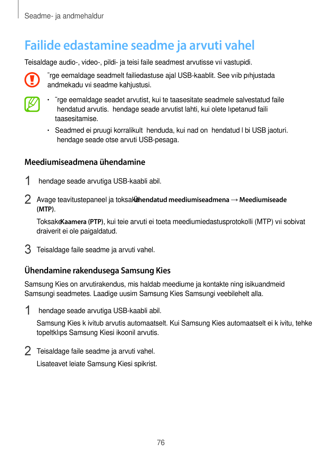 Samsung SM-J100HZKASEB, SM-J100HZWDSEB manual Failide edastamine seadme ja arvuti vahel, Meediumiseadmena ühendamine 