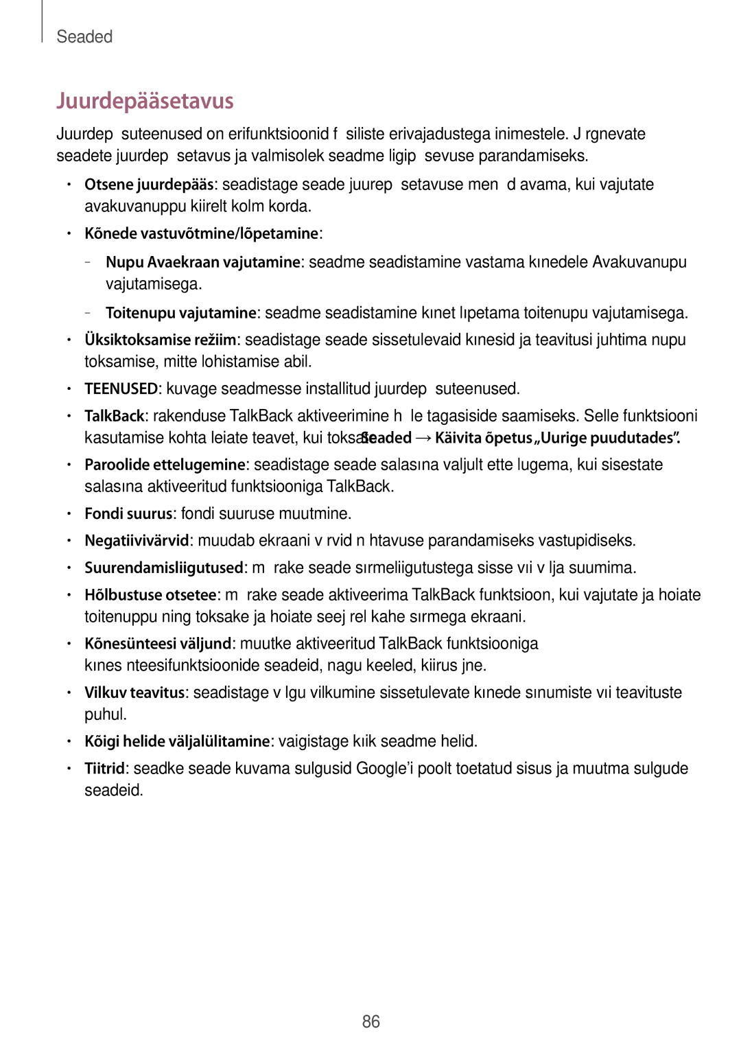 Samsung SM-J100HZBDSEB, SM-J100HZWDSEB, SM-J100HZBASEB, SM-J100HZKDSEB, SM-J100HZKASEB, SM-J100HZWASEB manual Juurdepääsetavus 