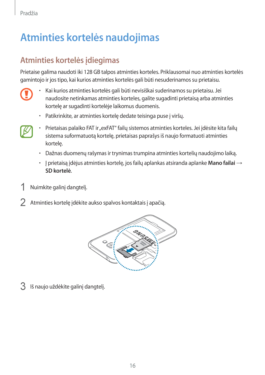 Samsung SM-J100HZKASEB, SM-J100HZWDSEB, SM-J100HZBASEB manual Atminties kortelės naudojimas, Atminties kortelės įdiegimas 