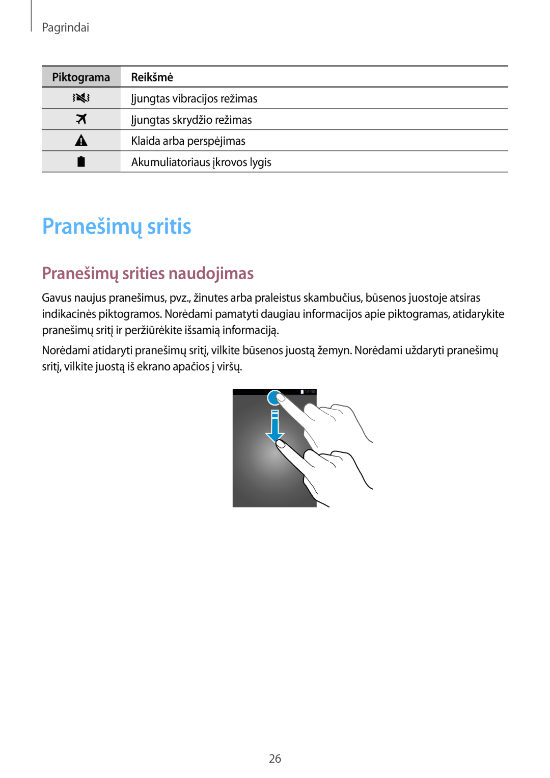 Samsung SM-J100HZBDSEB, SM-J100HZWDSEB, SM-J100HZBASEB, SM-J100HZKDSEB manual Pranešimų sritis, Pranešimų srities naudojimas 