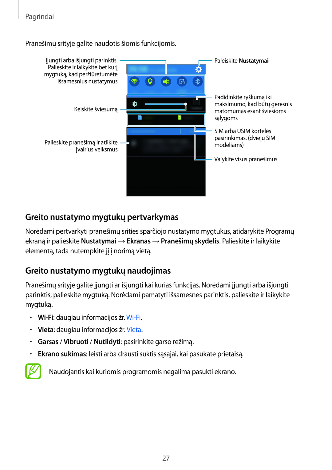 Samsung SM-J100HZKDSEB, SM-J100HZWDSEB manual Greito nustatymo mygtukų pertvarkymas, Greito nustatymo mygtukų naudojimas 