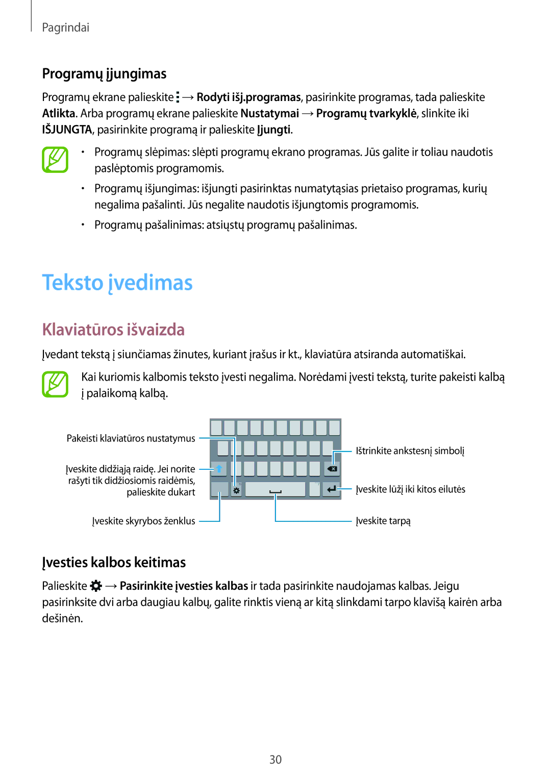 Samsung SM-J100HZWDSEB, SM-J100HZBASEB Teksto įvedimas, Klaviatūros išvaizda, Programų įjungimas, Įvesties kalbos keitimas 