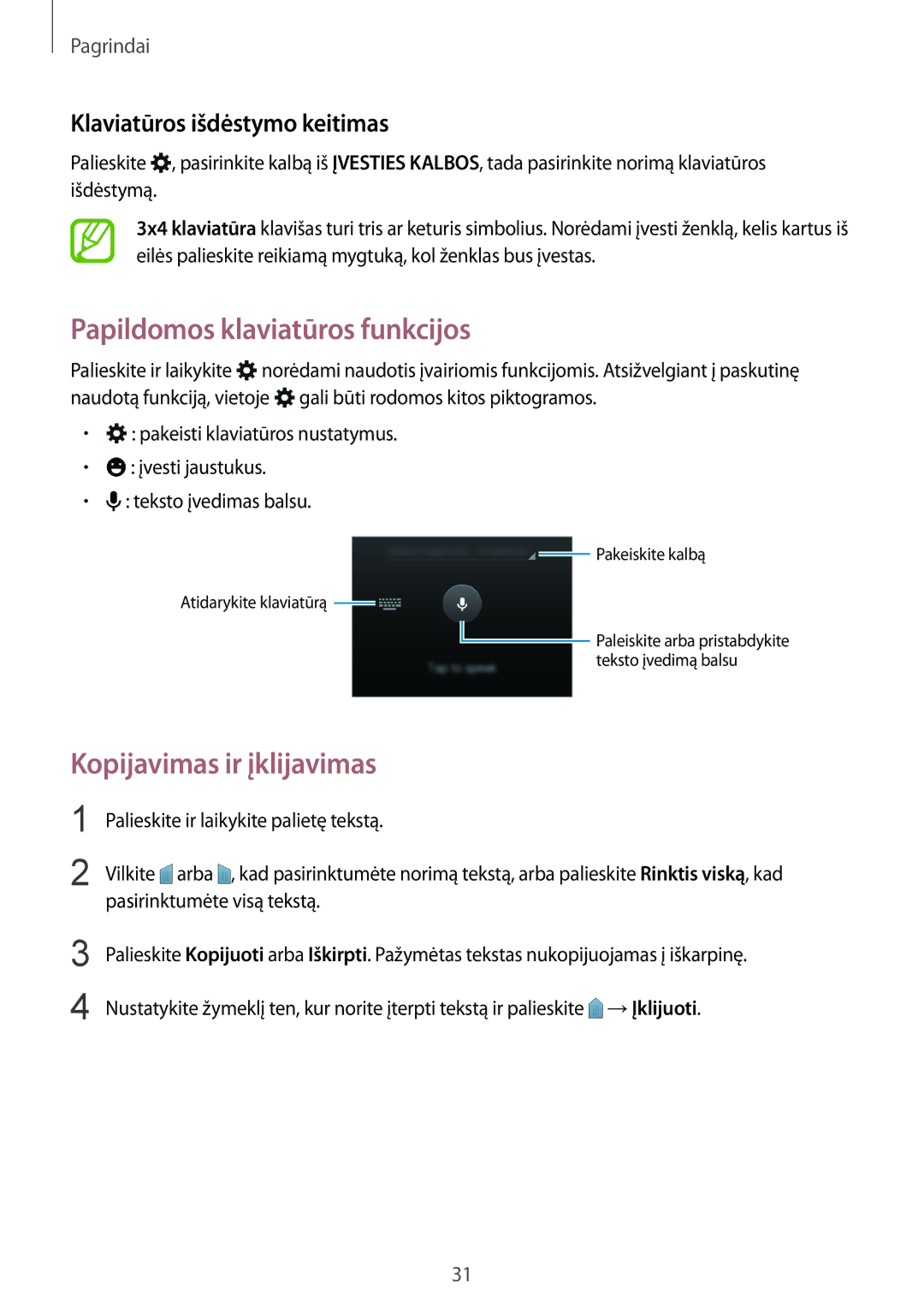 Samsung SM-J100HZBASEB manual Papildomos klaviatūros funkcijos, Kopijavimas ir įklijavimas, Klaviatūros išdėstymo keitimas 