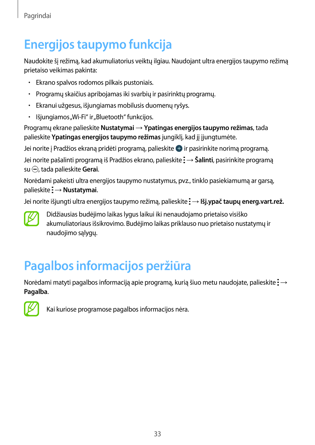 Samsung SM-J100HZKDSEB, SM-J100HZWDSEB, SM-J100HZBASEB manual Energijos taupymo funkcija, Pagalbos informacijos peržiūra 