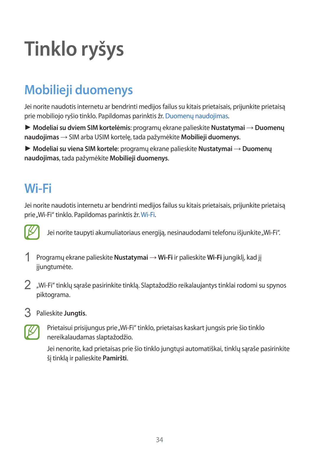 Samsung SM-J100HZKASEB, SM-J100HZWDSEB, SM-J100HZBASEB, SM-J100HZBDSEB manual Tinklo ryšys, Mobilieji duomenys, Wi-Fi 