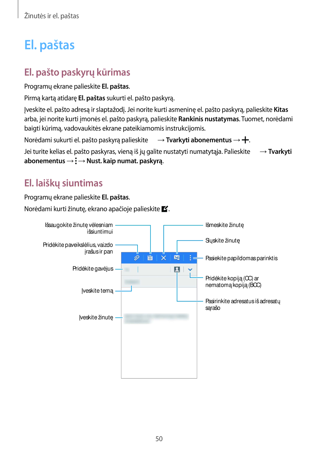 Samsung SM-J100HZBDSEB manual El. pašto paskyrų kūrimas, El. laiškų siuntimas, Programų ekrane palieskite El. paštas 