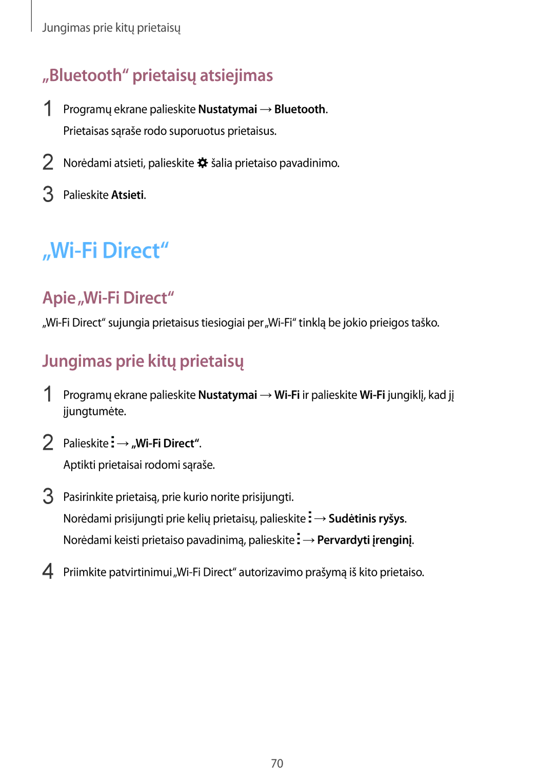 Samsung SM-J100HZKASEB manual „Bluetooth prietaisų atsiejimas, Apie„Wi-Fi Direct, Jungimas prie kitų prietaisų 