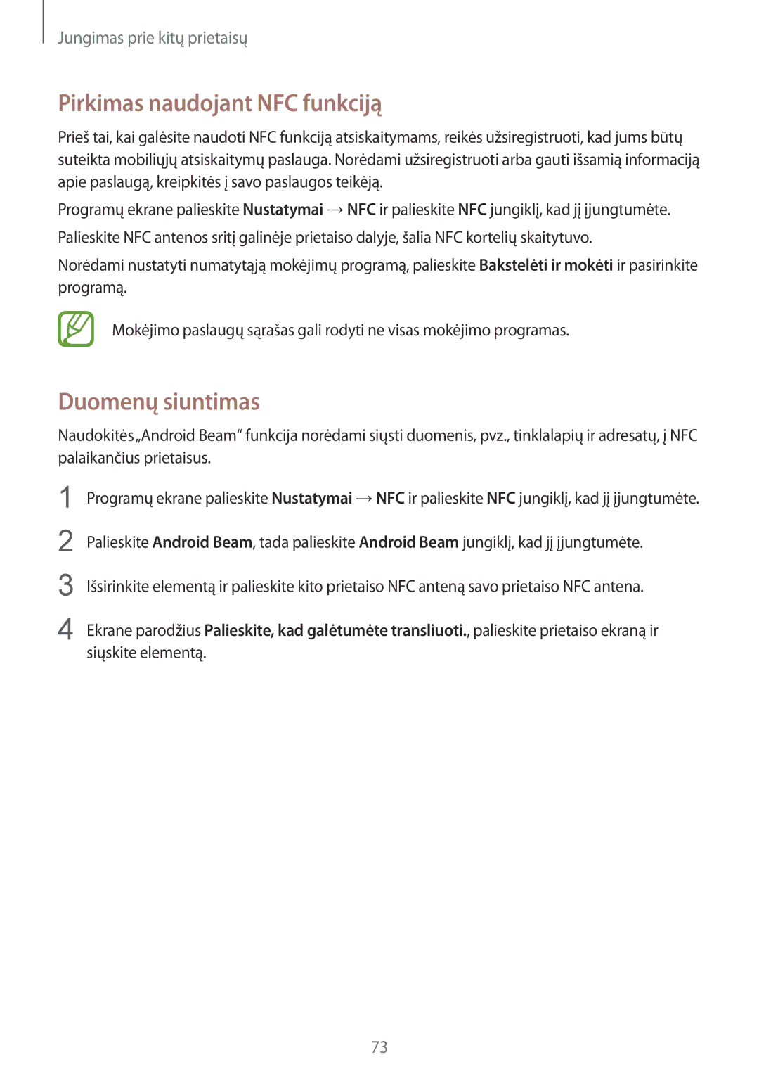 Samsung SM-J100HZBASEB, SM-J100HZWDSEB, SM-J100HZBDSEB, SM-J100HZKDSEB Pirkimas naudojant NFC funkciją, Duomenų siuntimas 