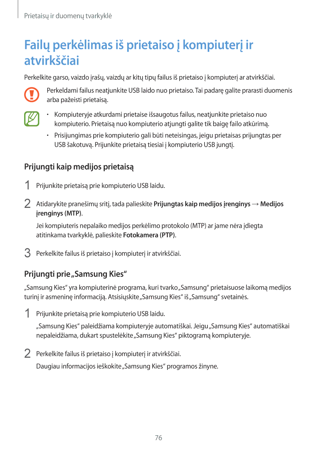 Samsung SM-J100HZKASEB manual Failų perkėlimas iš prietaiso į kompiuterį ir atvirkščiai, Prijungti kaip medijos prietaisą 