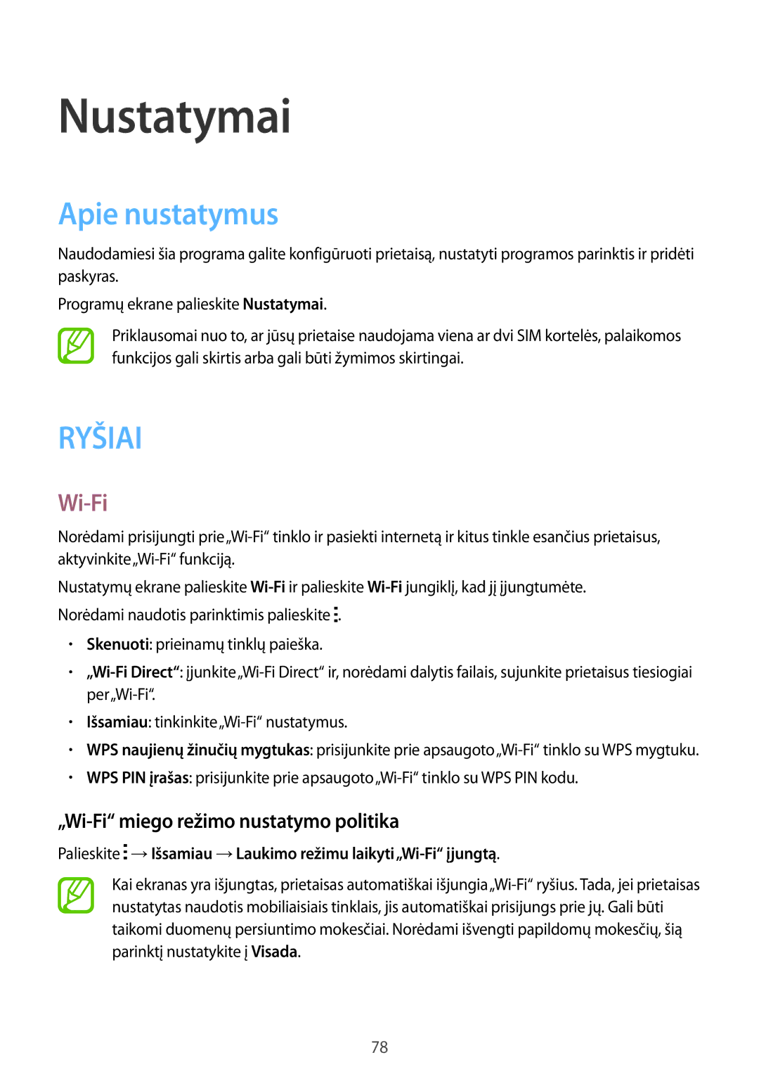 Samsung SM-J100HZWDSEB, SM-J100HZBASEB manual Nustatymai, Apie nustatymus, „Wi-Fi miego režimo nustatymo politika 