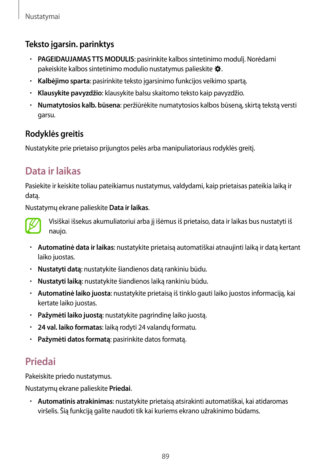 Samsung SM-J100HZWASEB, SM-J100HZWDSEB, SM-J100HZBASEB Data ir laikas, Priedai, Teksto įgarsin. parinktys, Rodyklės greitis 