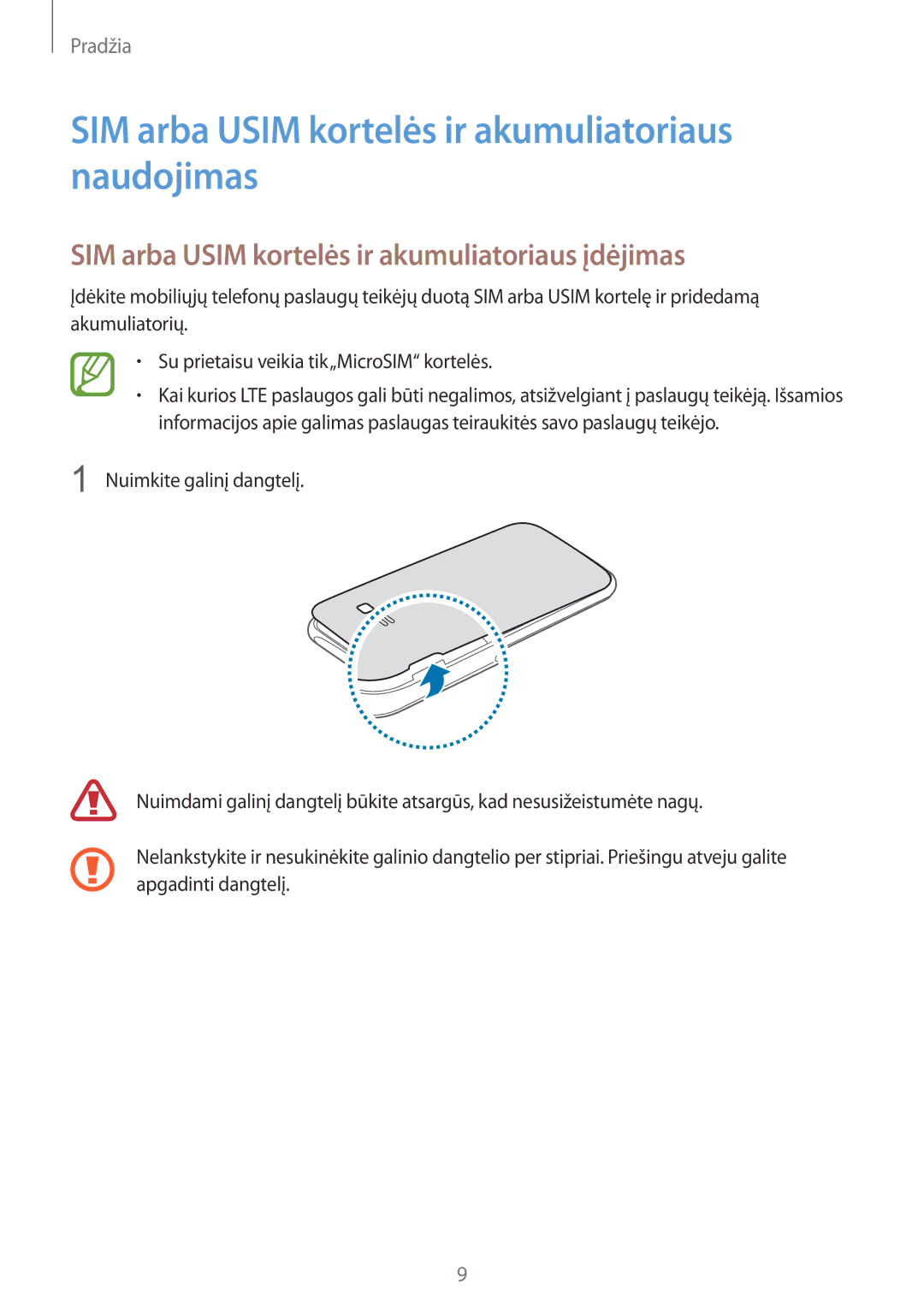 Samsung SM-J100HZKDSEB, SM-J100HZWDSEB, SM-J100HZBASEB, SM-J100HZBDSEB SIM arba Usim kortelės ir akumuliatoriaus naudojimas 