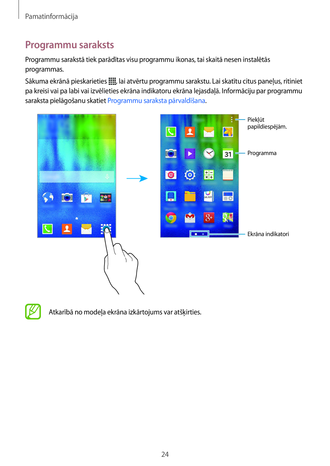 Samsung SM-J100HZWDSEB, SM-J100HZBASEB manual Programmu saraksts, Atkarībā no modeļa ekrāna izkārtojums var atšķirties 