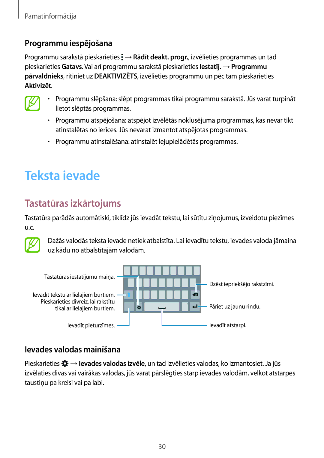 Samsung SM-J100HZWDSEB manual Teksta ievade, Tastatūras izkārtojums, Programmu iespējošana, Ievades valodas mainīšana 