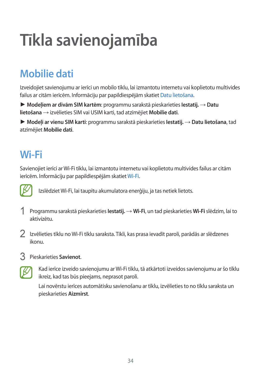 Samsung SM-J100HZKASEB, SM-J100HZWDSEB, SM-J100HZBASEB, SM-J100HZBDSEB manual Tīkla savienojamība, Mobilie dati, Wi-Fi 