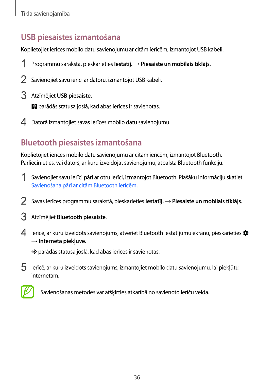 Samsung SM-J100HZWDSEB manual USB piesaistes izmantošana, Bluetooth piesaistes izmantošana, Atzīmējiet USB piesaiste 