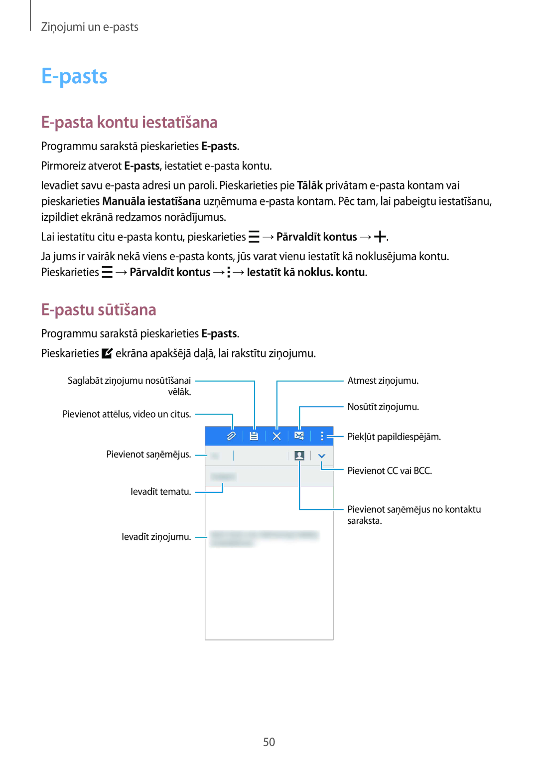 Samsung SM-J100HZBDSEB, SM-J100HZWDSEB, SM-J100HZBASEB, SM-J100HZKDSEB manual Pasts, Pasta kontu iestatīšana, Pastu sūtīšana 