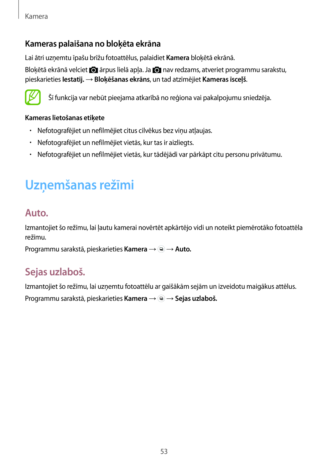 Samsung SM-J100HZWASEB, SM-J100HZWDSEB manual Uzņemšanas režīmi, Auto, Sejas uzlaboš, Kameras palaišana no bloķēta ekrāna 