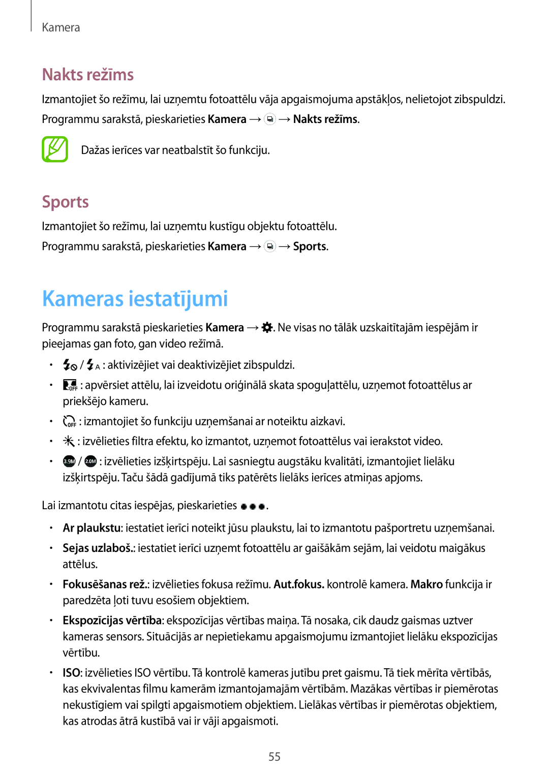 Samsung SM-J100HZBASEB manual Kameras iestatījumi, Nakts režīms, Sports, Lai izmantotu citas iespējas, pieskarieties 