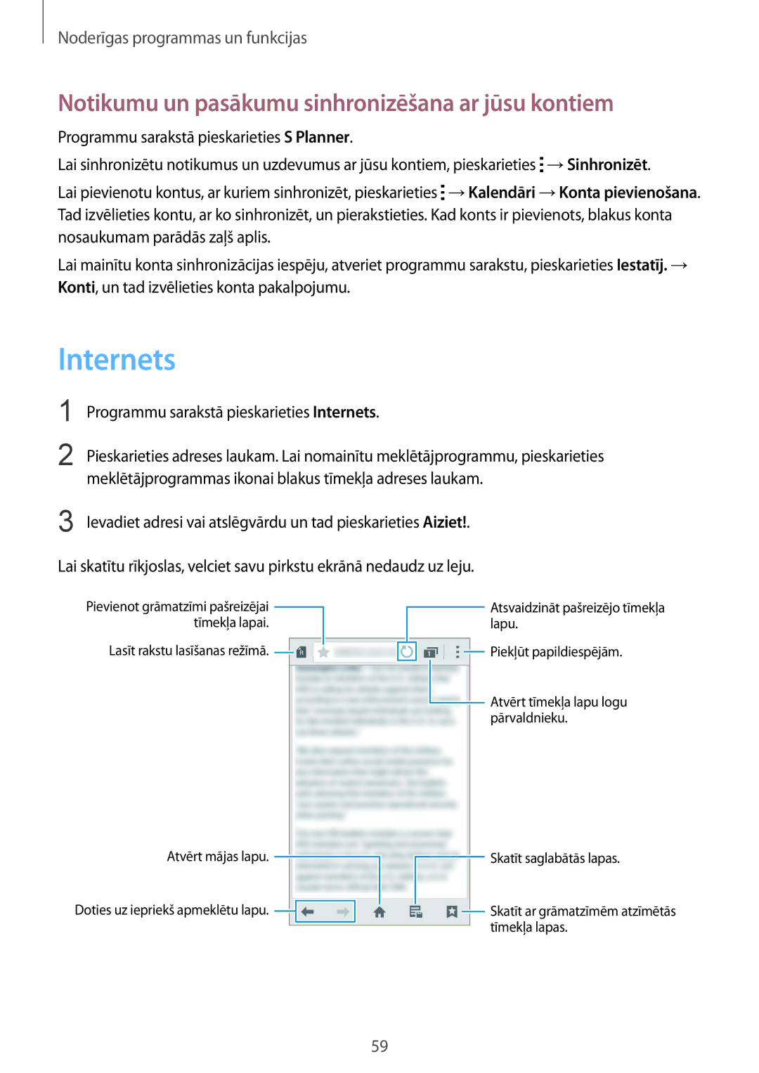 Samsung SM-J100HZWASEB, SM-J100HZWDSEB, SM-J100HZBASEB manual Internets, Notikumu un pasākumu sinhronizēšana ar jūsu kontiem 