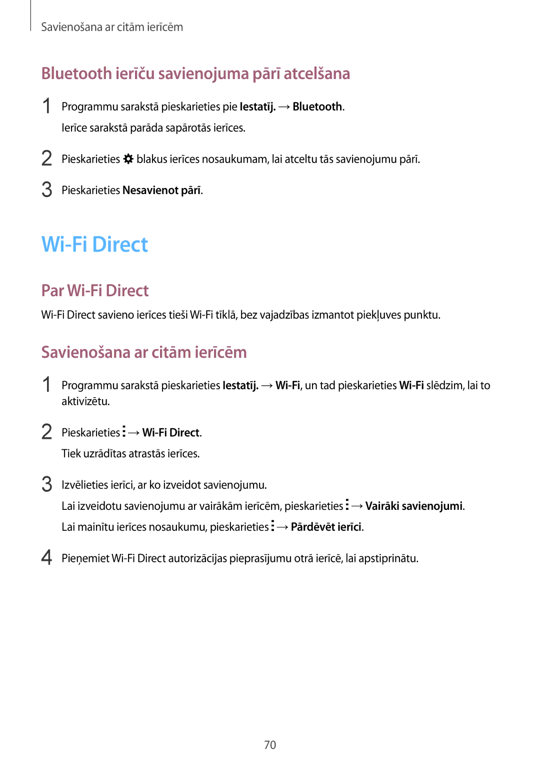 Samsung SM-J100HZKASEB Bluetooth ierīču savienojuma pārī atcelšana, Par Wi-Fi Direct, Savienošana ar citām ierīcēm 